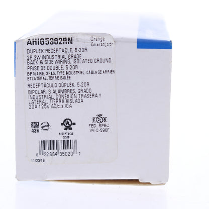 Eaton Orange Industrial Isolated Ground Receptacle Outlet 5-20R 20A IGAH5362RN