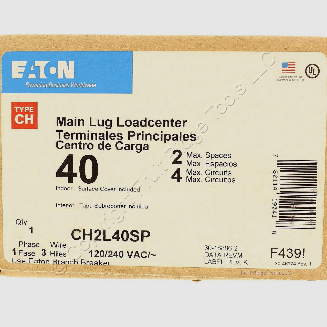Eaton Main Lug Circuit Breaker Panel 2-Space 4-Circuit 120/240V 40A CH2L40SP