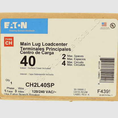 Eaton Main Lug Circuit Breaker Panel 2-Space 4-Circuit 120/240V 40A CH2L40SP
