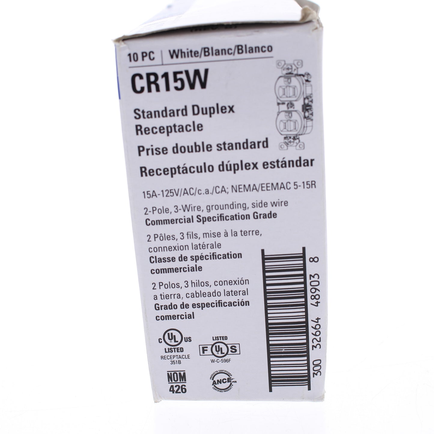 10 Eaton White Commercial Grade Outlet Receptacles Nema 5-15R 15A 125V CR15W