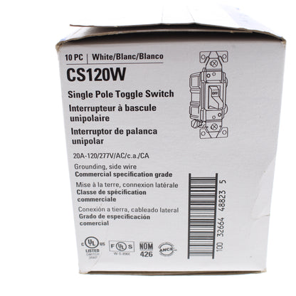 10 Eaton White Commercial Single Pole ON/OFF Toggle Light Switches 20A CS120W