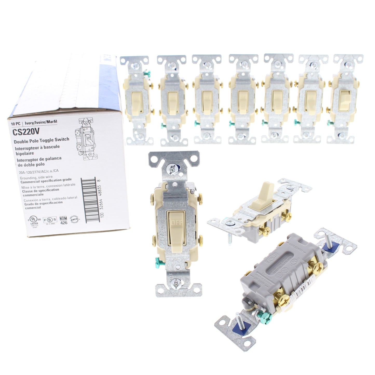 10 Eaton Ivory Commercial Double Pole Toggle Wall Light Switcesh 20A Bulk CS220V
