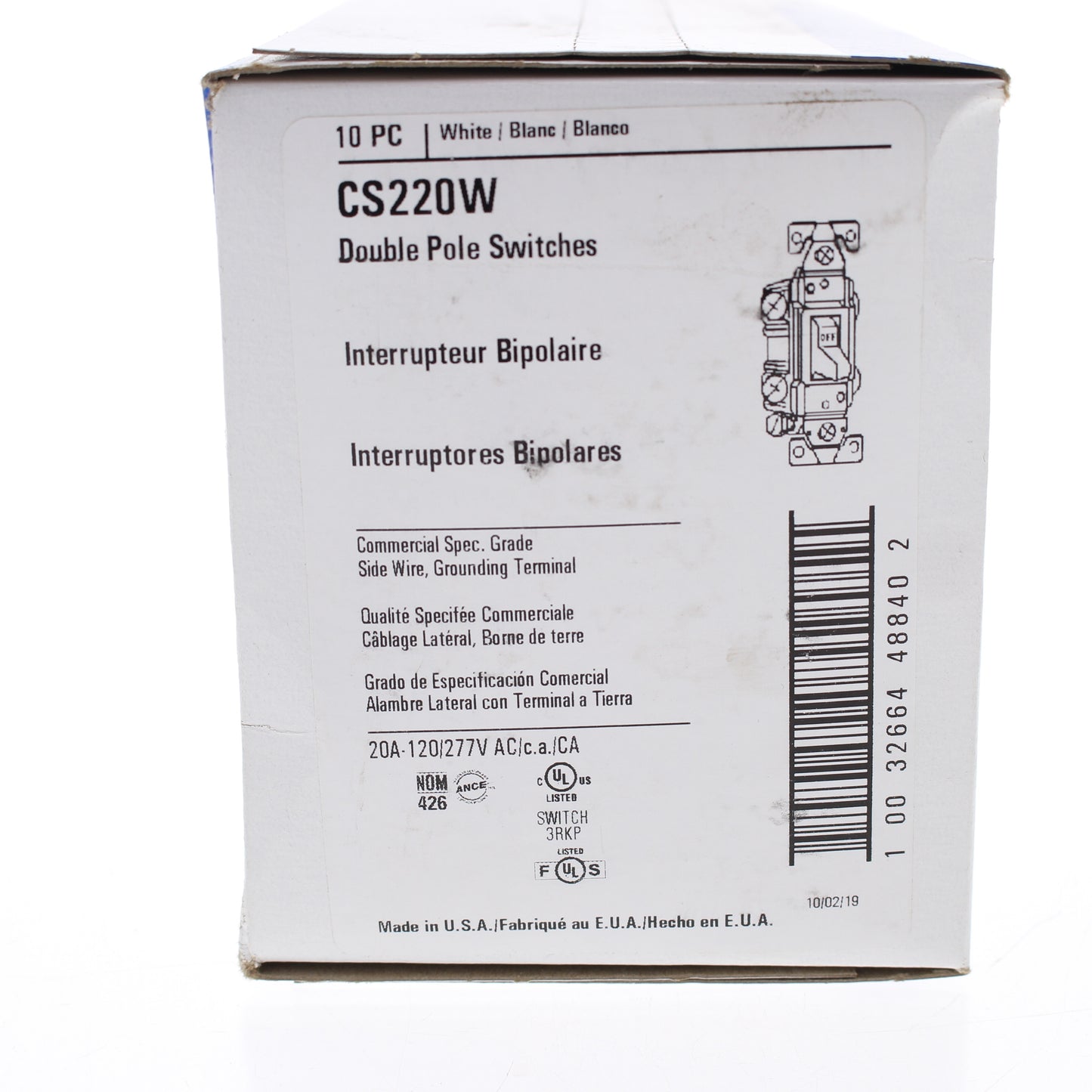 10 Eaton White Commercial Double Pole Toggle Wall Light Switcesh 20A Bulk CS220W