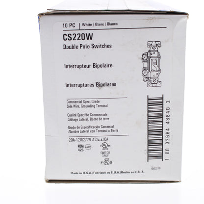 10 Eaton White Commercial Double Pole Toggle Wall Light Switcesh 20A Bulk CS220W
