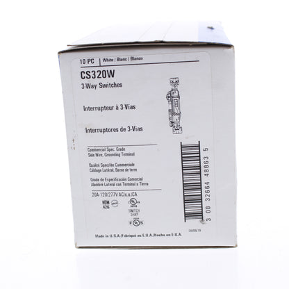10 Eaton White Commercial Toggle Wall Light Switches 3-Way Control 20A CS320W