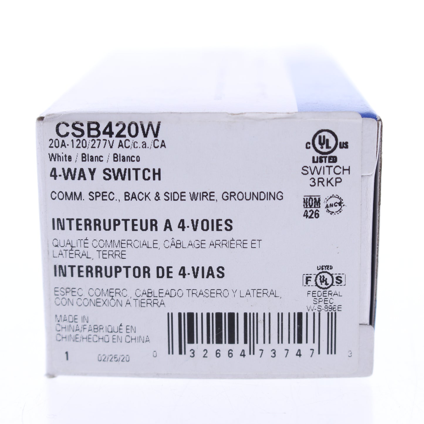 Eaton CSB420W White Commercial Grade 4-Way Toggle Wall Light Switch 20A 120/277V