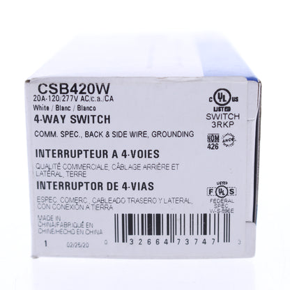 Eaton CSB420W White Commercial Grade 4-Way Toggle Wall Light Switch 20A 120/277V
