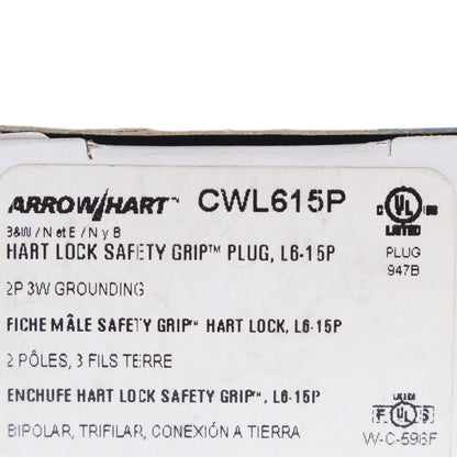 Eaton Arrow Hart Turn Locking Plug Twist Nema L6-15P 15A 250V Hart Lock CWL615P