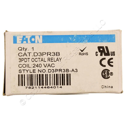 Eaton D3 Plug-In Octal Relay 3PDT 240VAC Coil 7200 Ohm D3PR3B-A3
