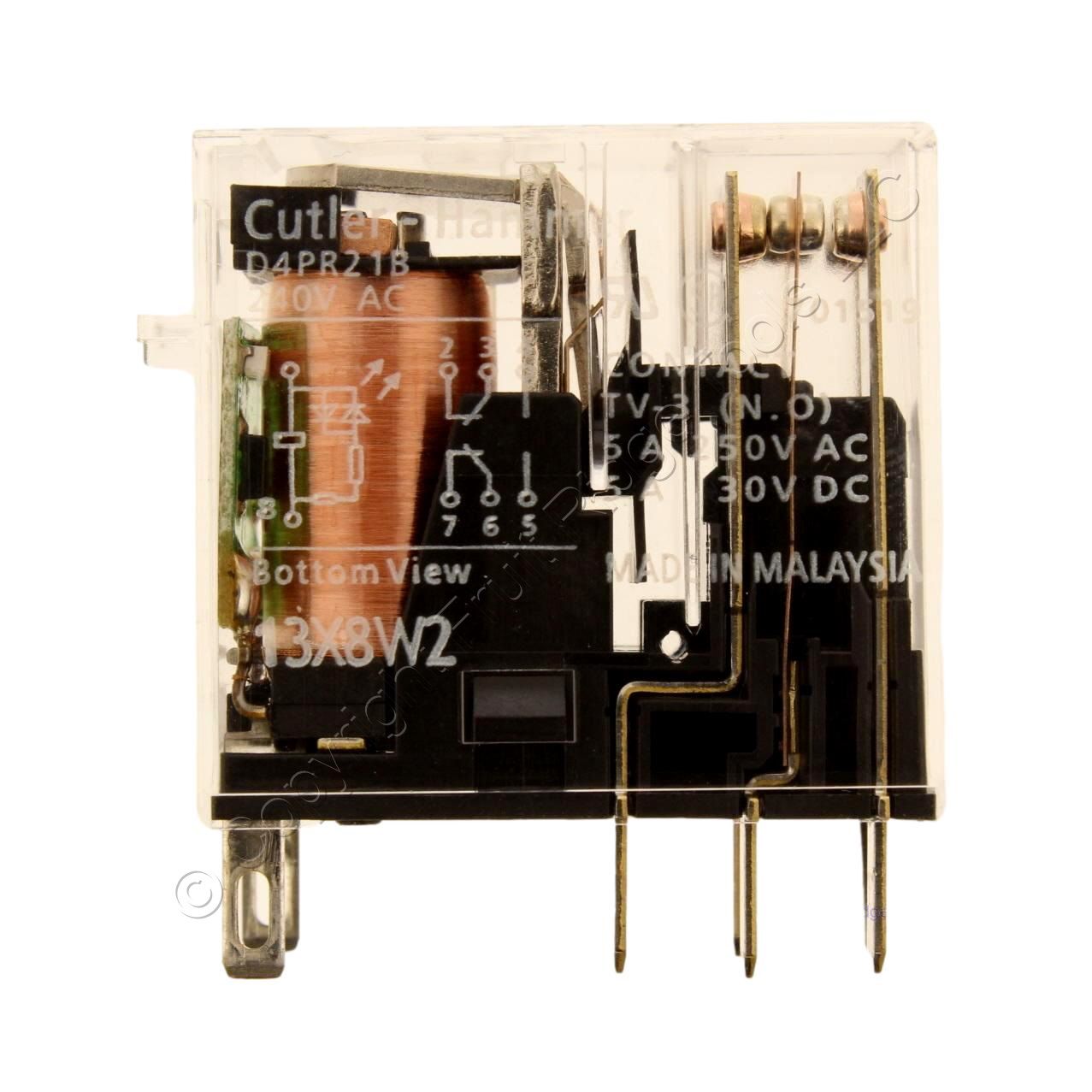 Eaton D4 Spade Plug-In Relay w/Indicator Light DPDT 240VAC Coil 10A D4PR21B