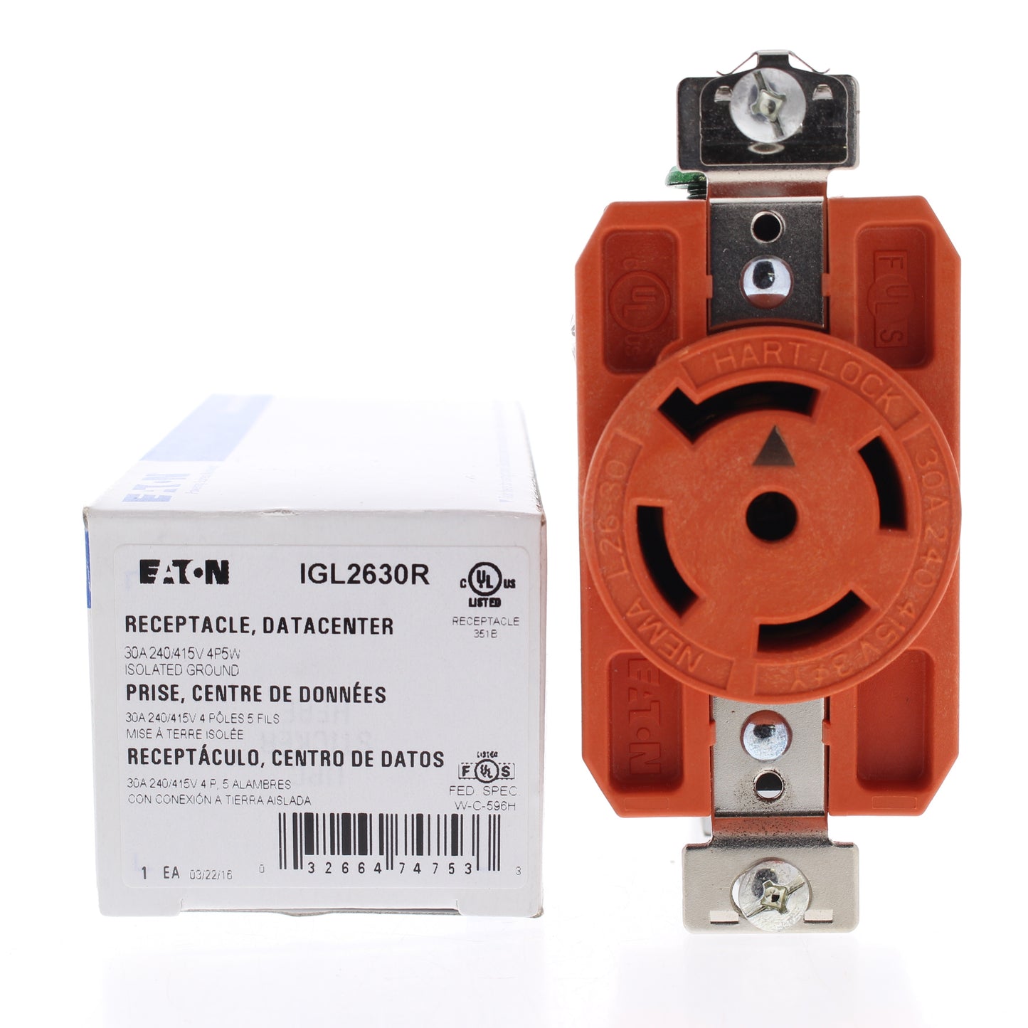 Eaton IGL2630R Isolated Ground 30A Locking Receptacle NEMA L26-30R 240/415V 3�Y