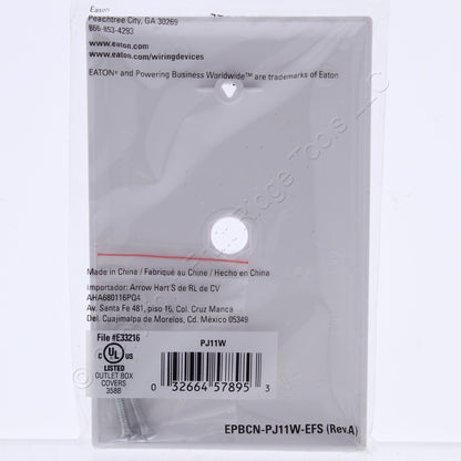 Eaton PJ11W White 1-Gang Phone .406" Unbreakable Mid-Size Wallplate Box Mount