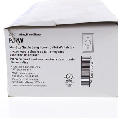 Eaton PJ7W White 1-Gang 1.406" Outlet Unbreakable Mid-Size Wallplate Cover 25pc
