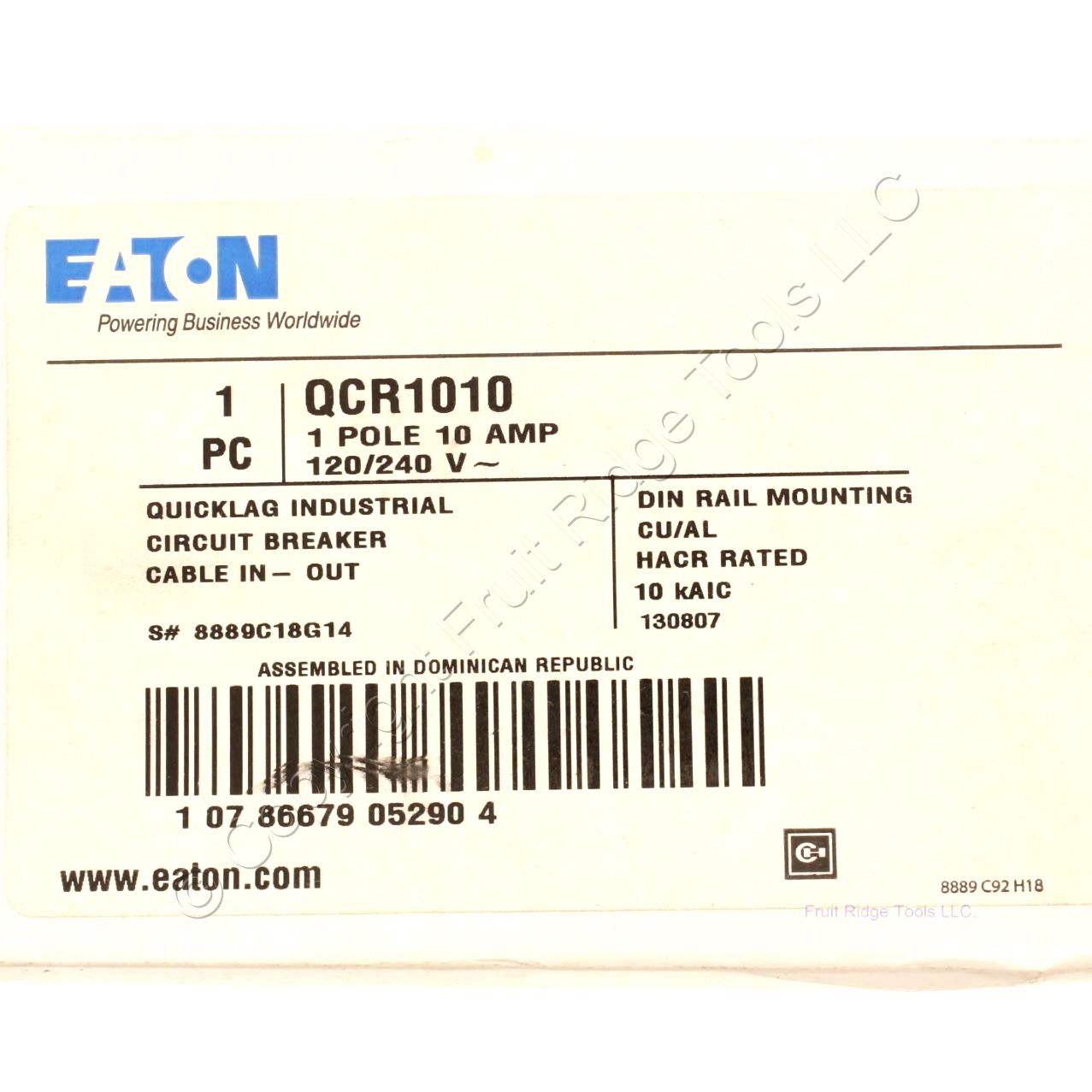 Eaton Quicklag QCR Industrial Circuit Breaker 10A Single Pole 120/240V QCR1010