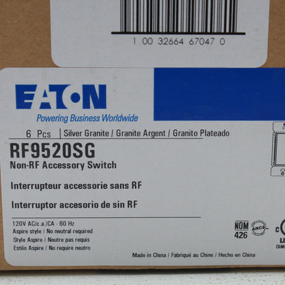 Eaton RF9520SG Silver Granite NON-RF Accessory Decorator Switch No Neutral 120V
