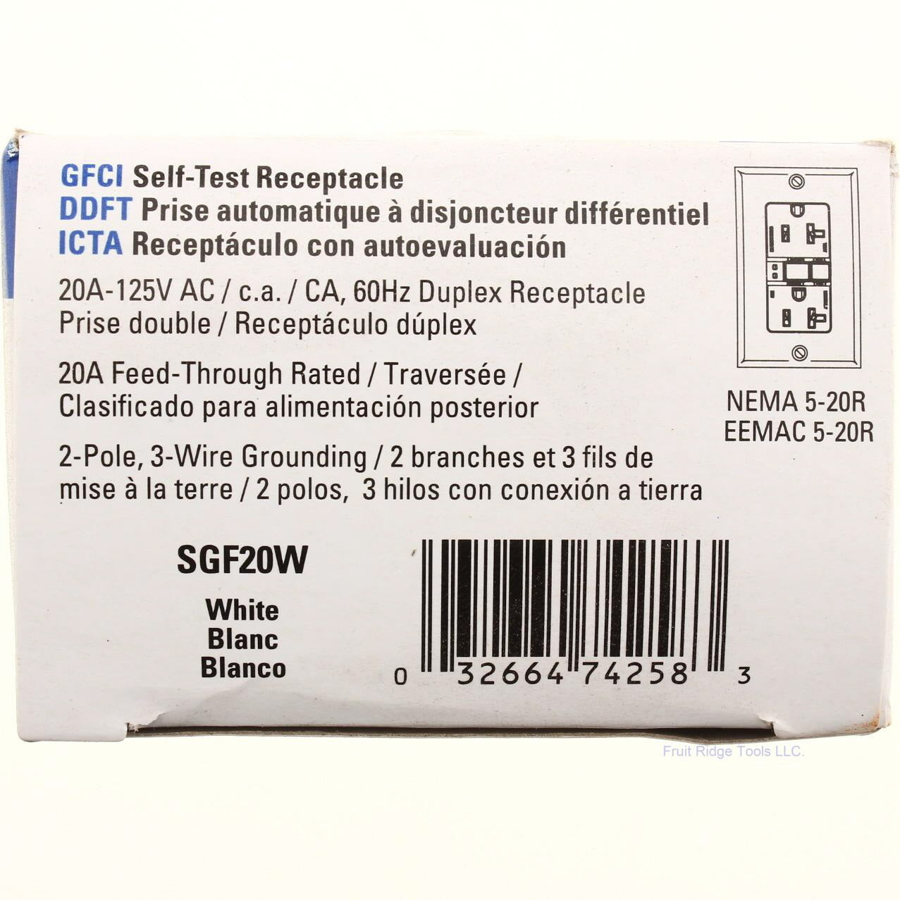 Eaton SGF20W White Self-Testing 5-20R 20A Gfci Outlet Duplex Receptacle 125V