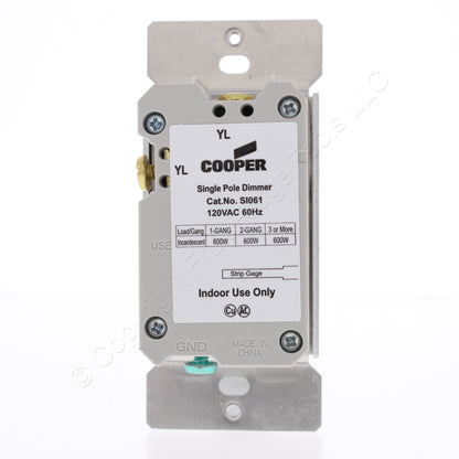 Eaton SI061-W White Incandescent Slide Light Dimmer Switch Single Pole NonPreset