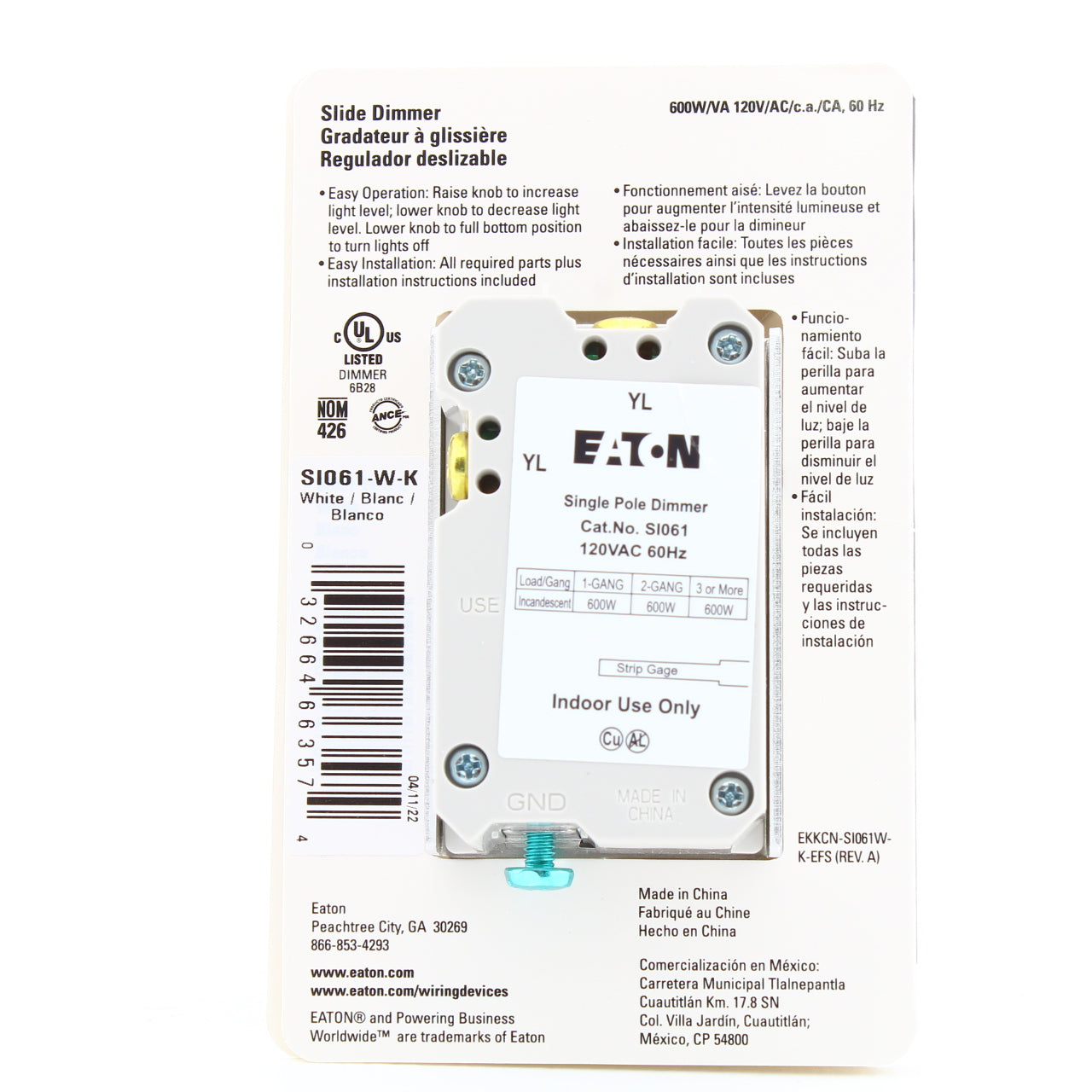 Eaton SI061-W-K-L White Single Pole Incandescent Slide Dimmer Switch NonPreset