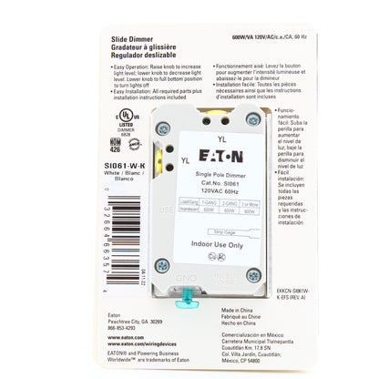 Eaton SI061-W-K-L White Single Pole Incandescent Slide Dimmer Switch NonPreset