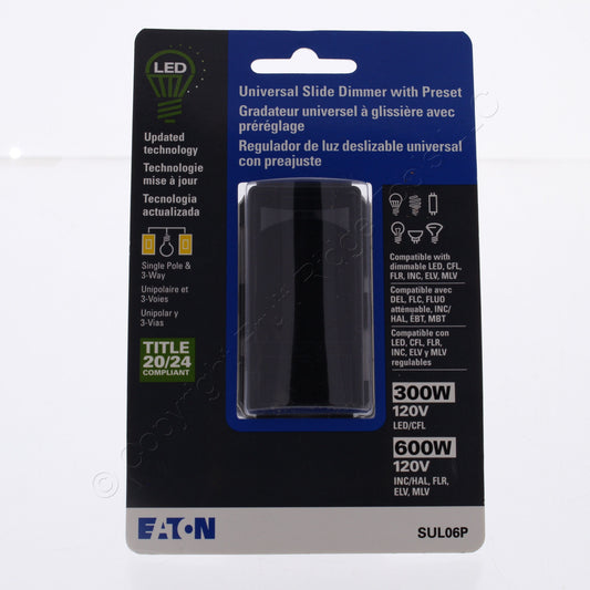Eaton Black Slide Dimmer Switch w/Preset LED/CFL/INC/FLR/ELV/MLV SUL06P-BK