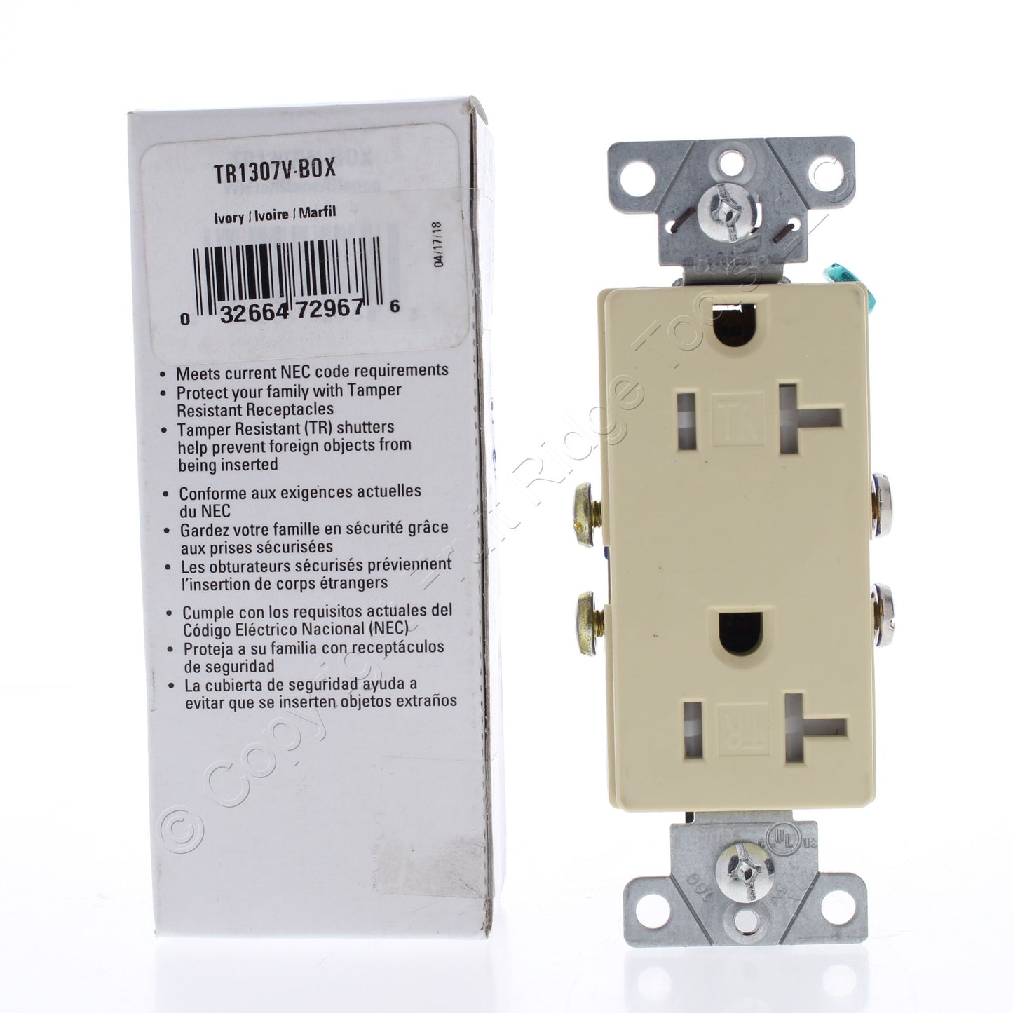 Eaton Ivory Tamper Resistant Duplex Receptacle Outlet Nema 5-20R 20A TR1307V