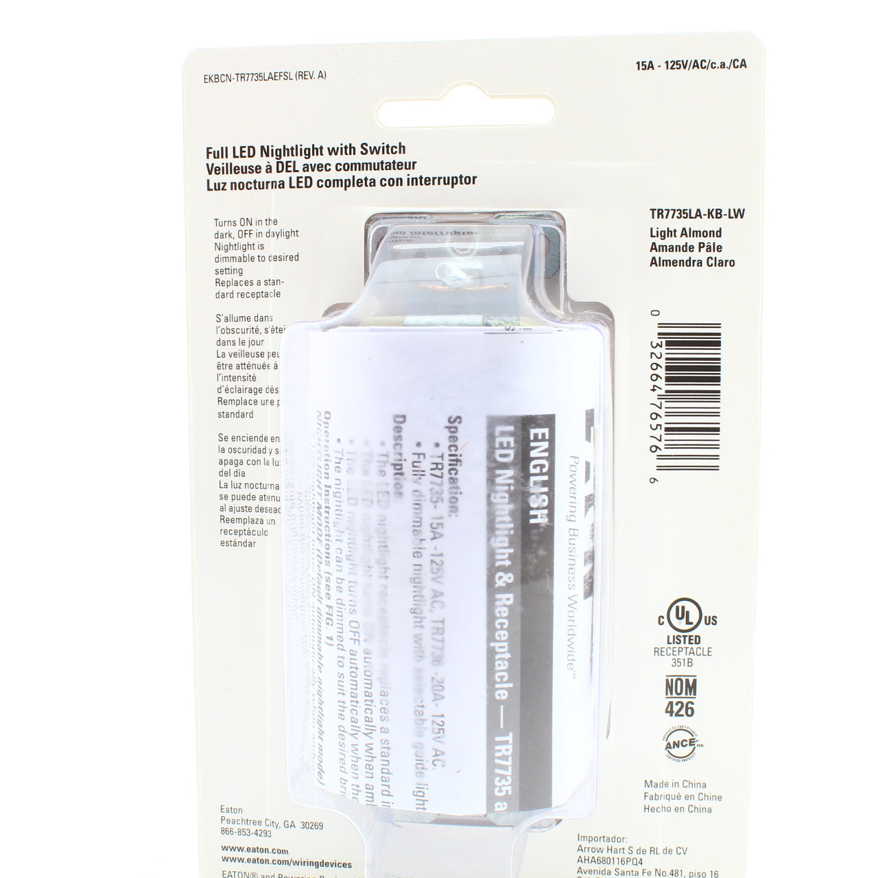 Eaton Lt Almond Tamper Resistant Receptacle Outlet Nightlight 15A 125V TR7735LA
