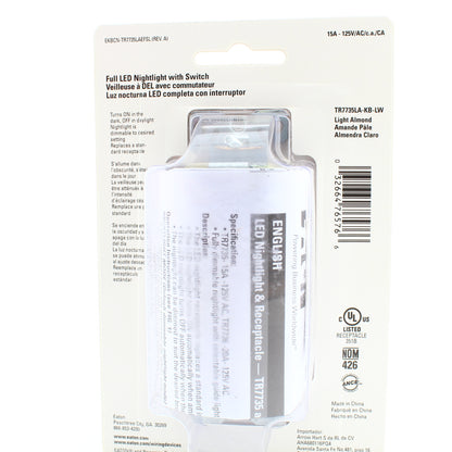Eaton Lt Almond Tamper Resistant Receptacle Outlet Nightlight 15A 125V TR7735LA