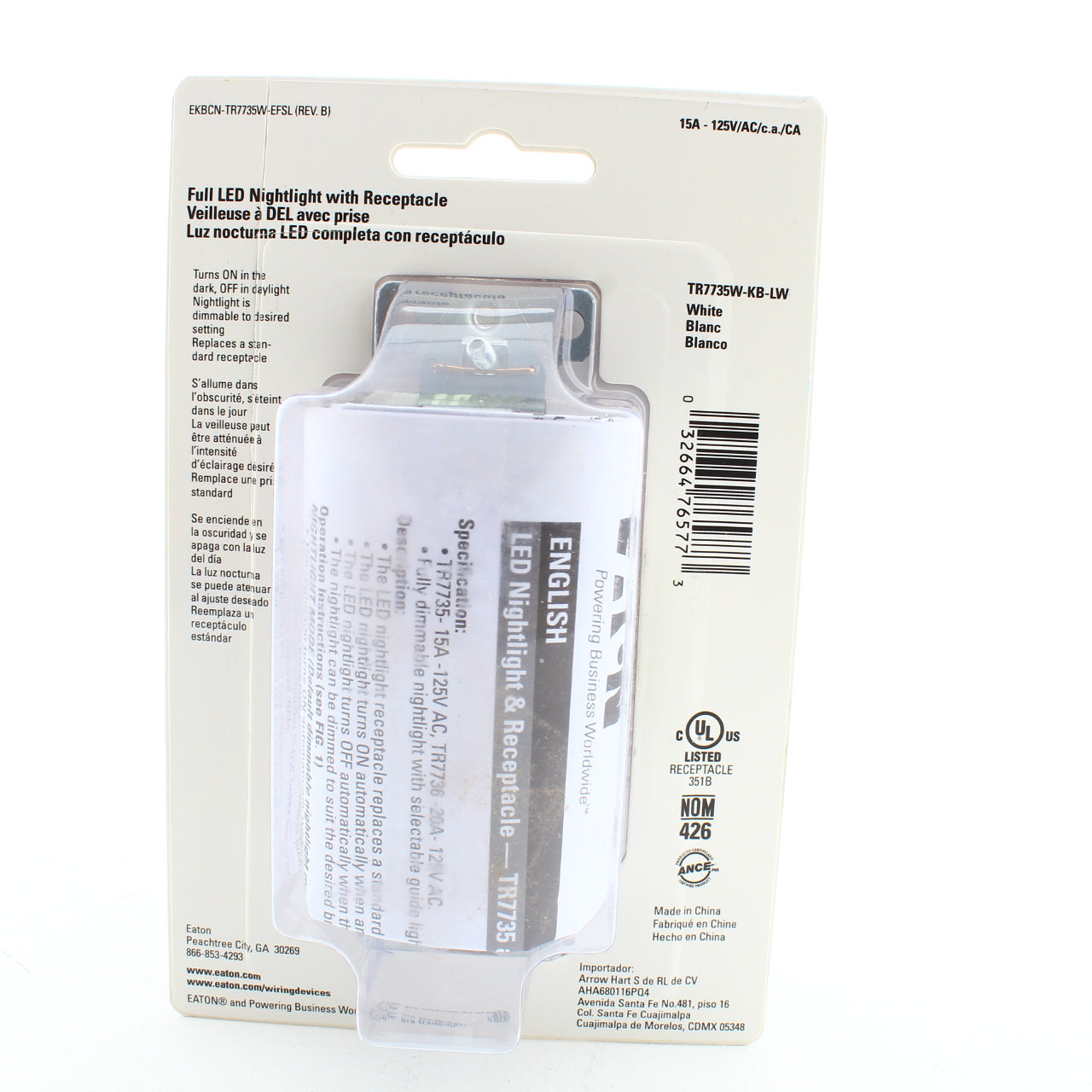 Eaton White Tamper Resistant Receptacle Outlet Nightlight 15A 125V TR7735W