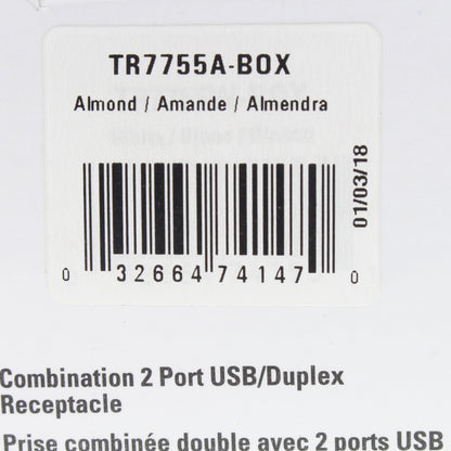 Eaton Almond Tamper Resistant 15A Outlet Receptacle 3.1A USB Charger TR7755A