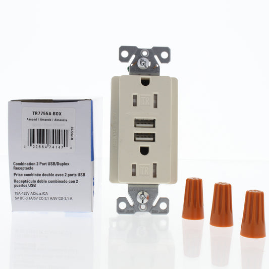 Eaton Almond Tamper Resistant 15A Outlet Receptacle 3.1A USB Charger TR7755A