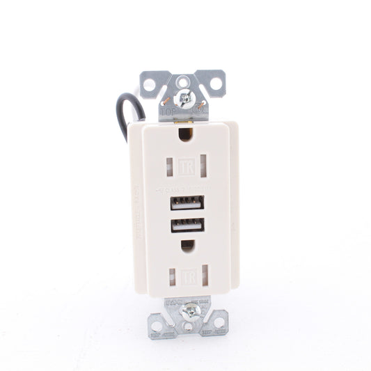 Eaton Lt Almond Tamper Resistant 5-15R 15A Outlet 3.1A USB Charger Bulk TR7755LA