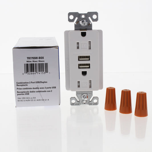 Eaton TR7755W White Tamper Resistant 15A Outlet Receptacle 3.1A USB Charger
