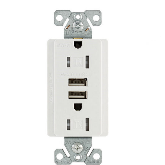 Eaton White Tamper Resistant 15A Outlet Receptacle 3.1A USB Charger TR7755W