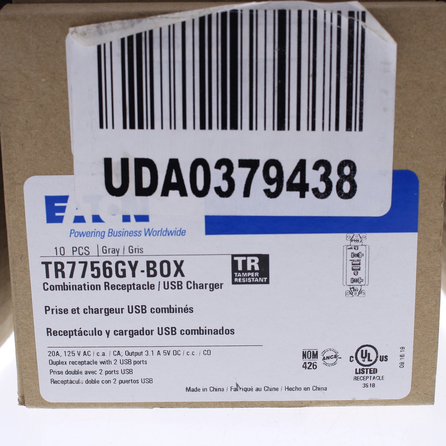 10 Eaton Gray Tamper Resistant 20A Outlet Receptacles 3.1A USB Charger TR7756GY