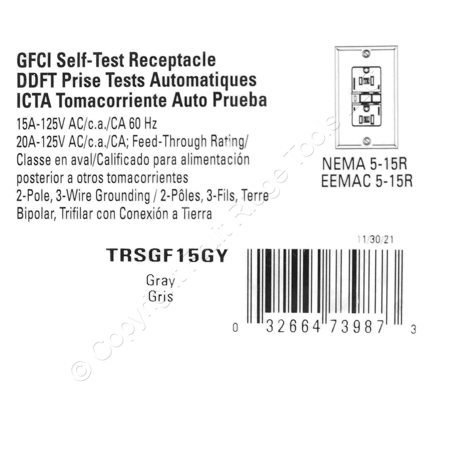 Eaton TRSGF15GY Gray 5-15R 15A Gfci Self-Test Outlet Receptacle Tamper Resistant