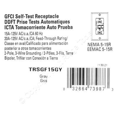 Eaton TRSGF15GY Gray 5-15R 15A Gfci Self-Test Outlet Receptacle Tamper Resistant