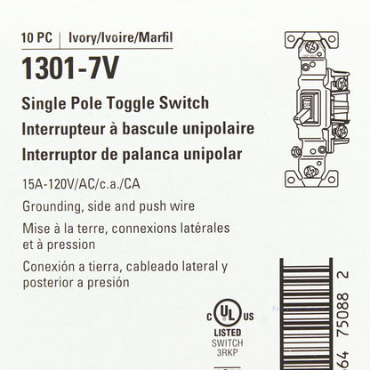 Eaton 1301-7V Ivory Quiet Toggle Wall Light Switches Single Pole 15A 120V 10pcs