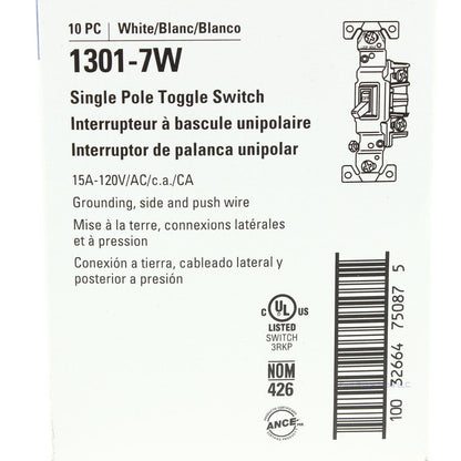 10 Eaton White Quiet Toggle Wall Light Switches Single Pole 15A 120V 1301-7W
