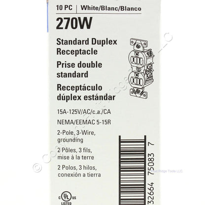 Eaton 270W White 15A Residential Duplex Outlet Receptacles NEMA 5-15R 125V 10pcs