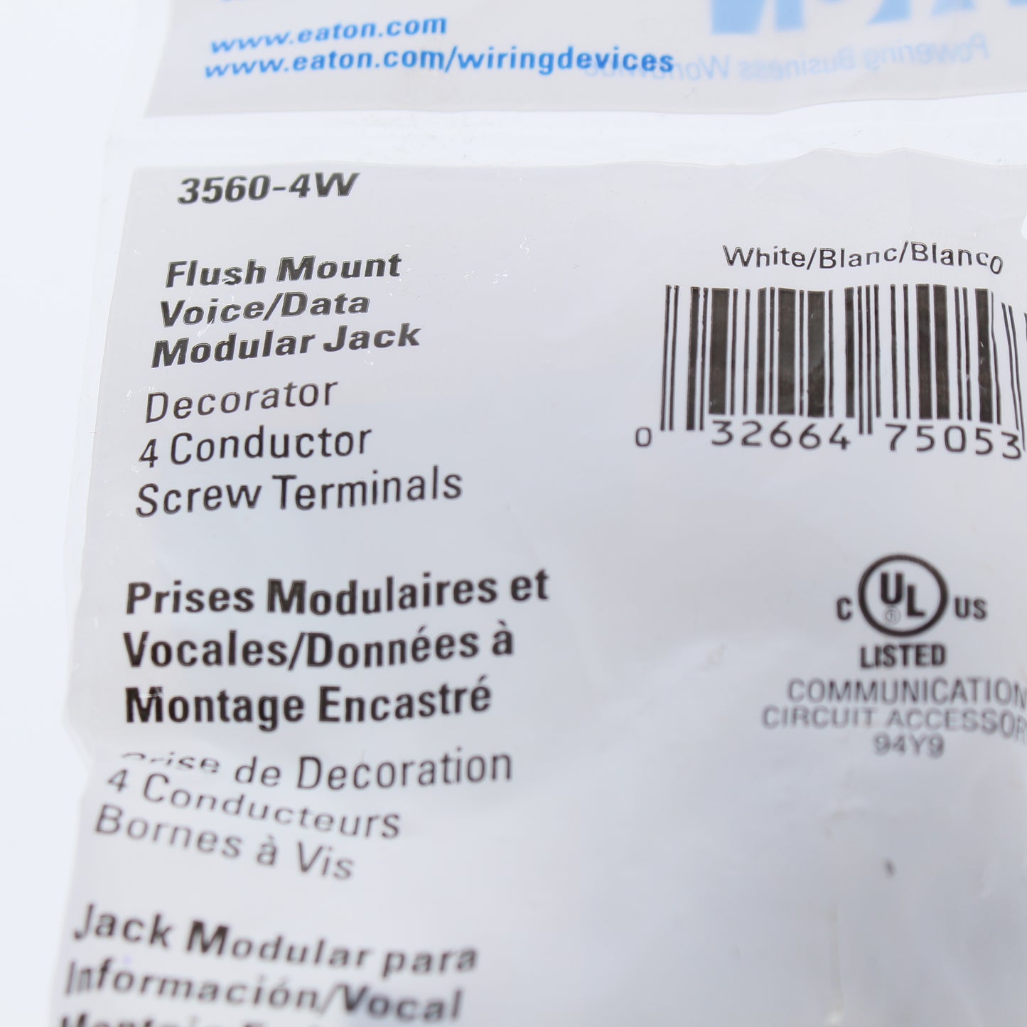 Eaton 3560-4W White Plastic Mount 4-Conductor Decorator Voice/Data Modular Jack
