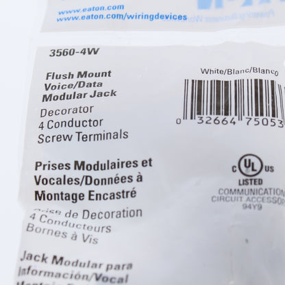 Eaton 3560-4W White Plastic Mount 4-Conductor Decorator Voice/Data Modular Jack