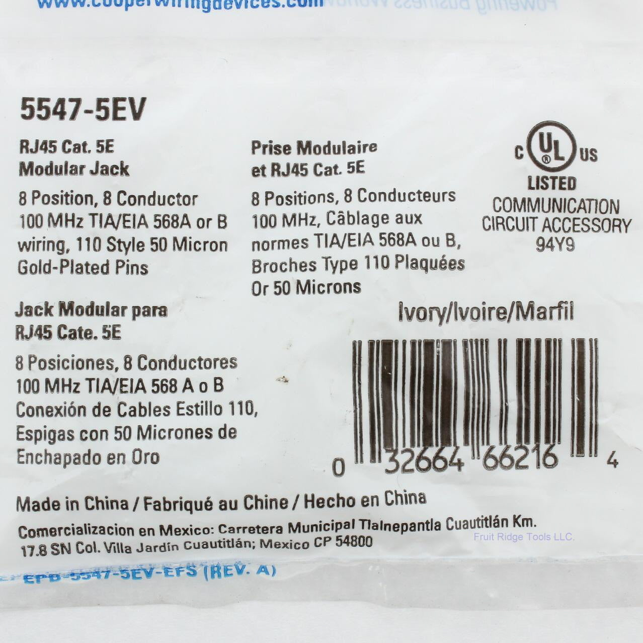 Eaton Ivory Cat5e Snap-In Modular Data Jack 110 Style 8-Position RJ45 5547-5EV