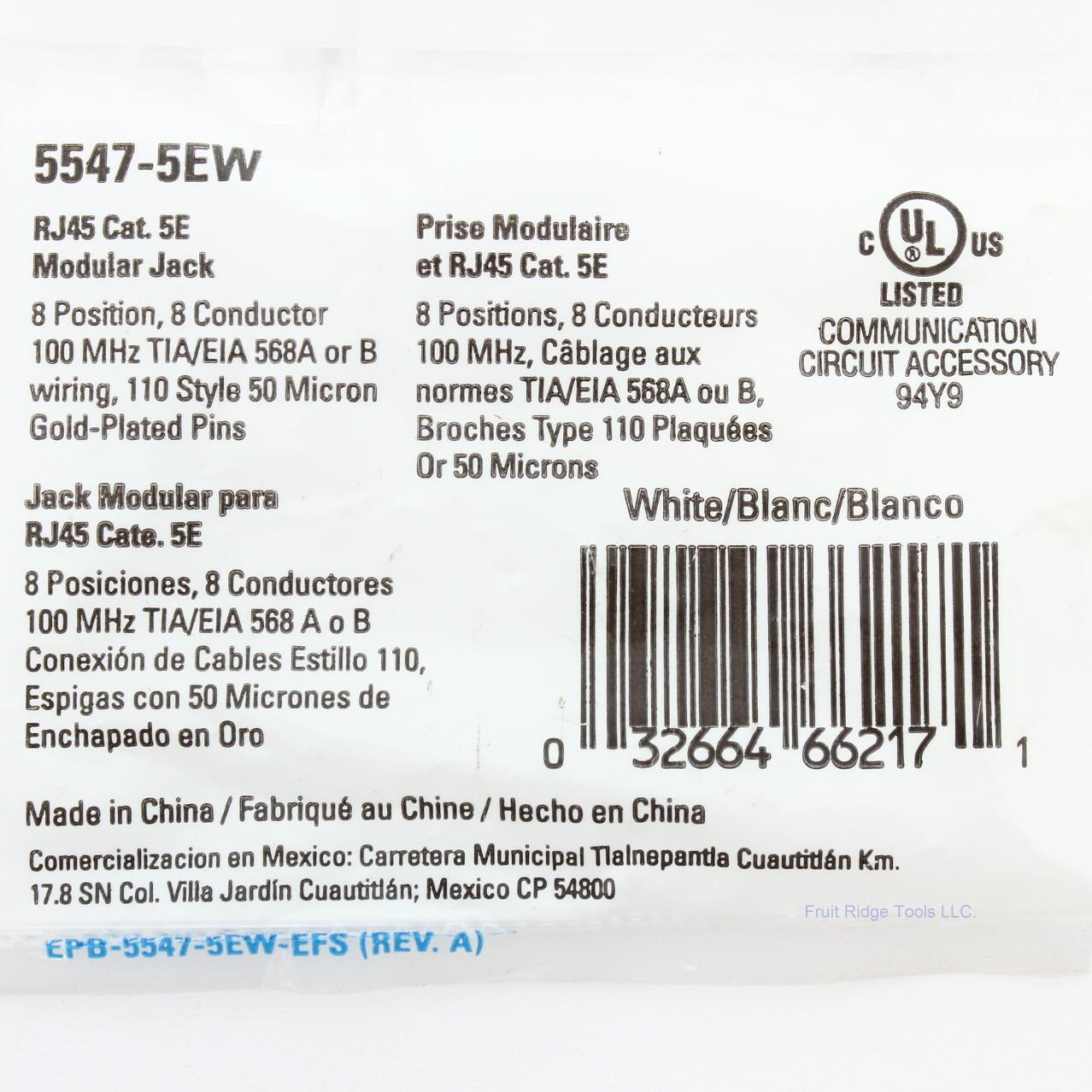 Eaton 5547-5EW White Cat5e Snap-In Modular Data Jack 110 Style 8-Position RJ45