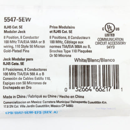 Eaton 5547-5EW White Cat5e Snap-In Modular Data Jack 110 Style 8-Position RJ45