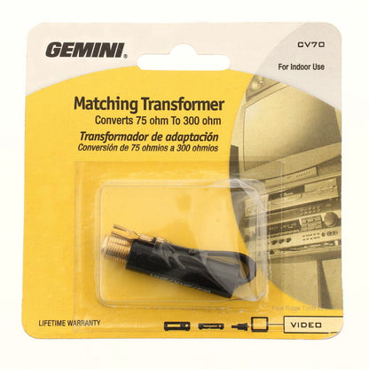 Gemini Black Matching Transformer Converts 75ohm to 300ohm for Indoor Use Only