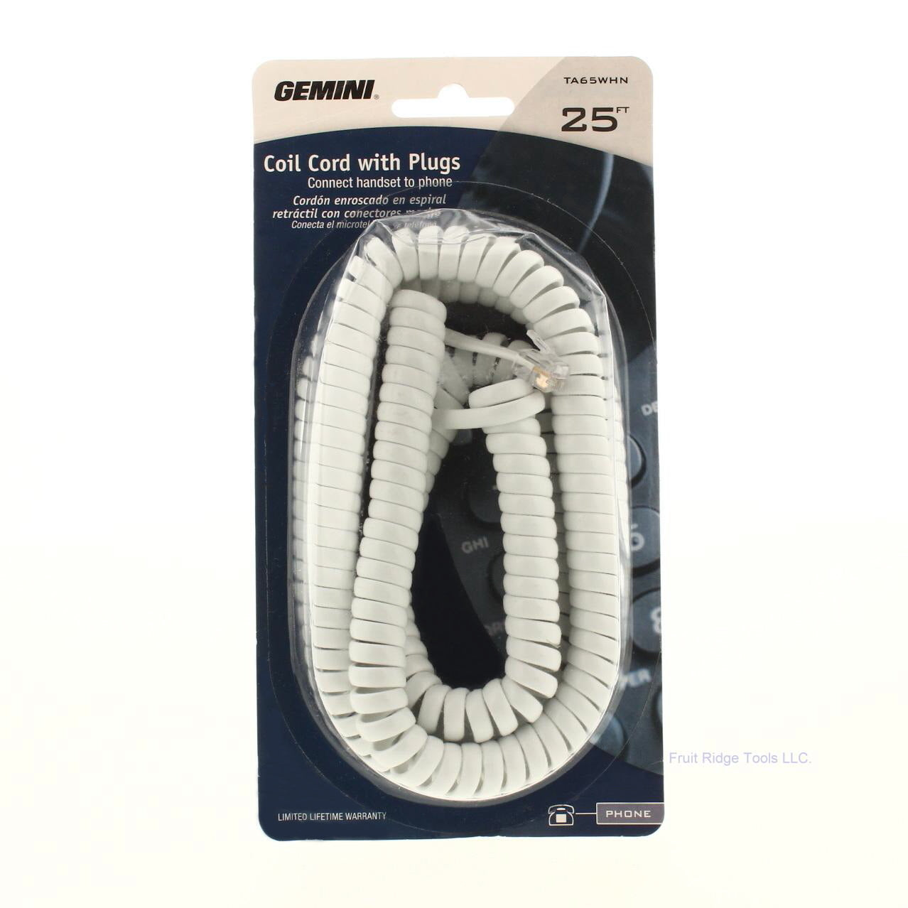 Gemini TA65WHN White 25Ft. Telephone Coil Cord with Plugs