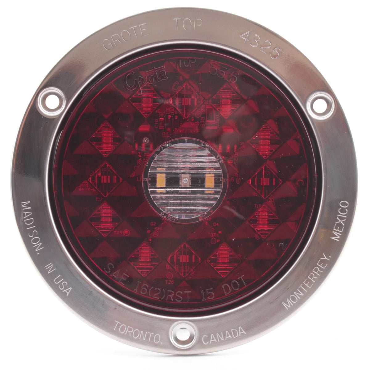 Grote 55202 Red 4" Round LED Tail Light w/ Backup 4-Pin Stainless Steel Flange