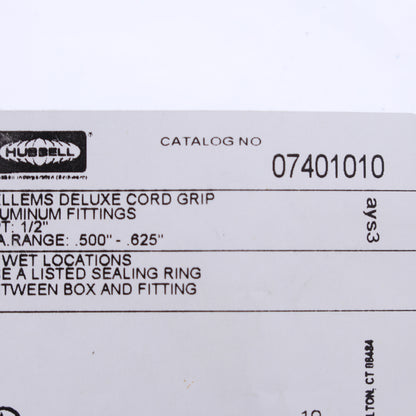 Hubbell Liquidtight Deluxe Cable Grip .50-.625" Cord 1/2" NPT Stainless 07401010