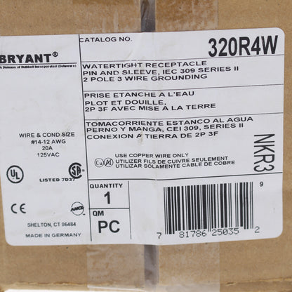Bryant Watertight IEC Pin & Sleeve Receptacle 20A 125V Female Outlet 2P3W 320R4W