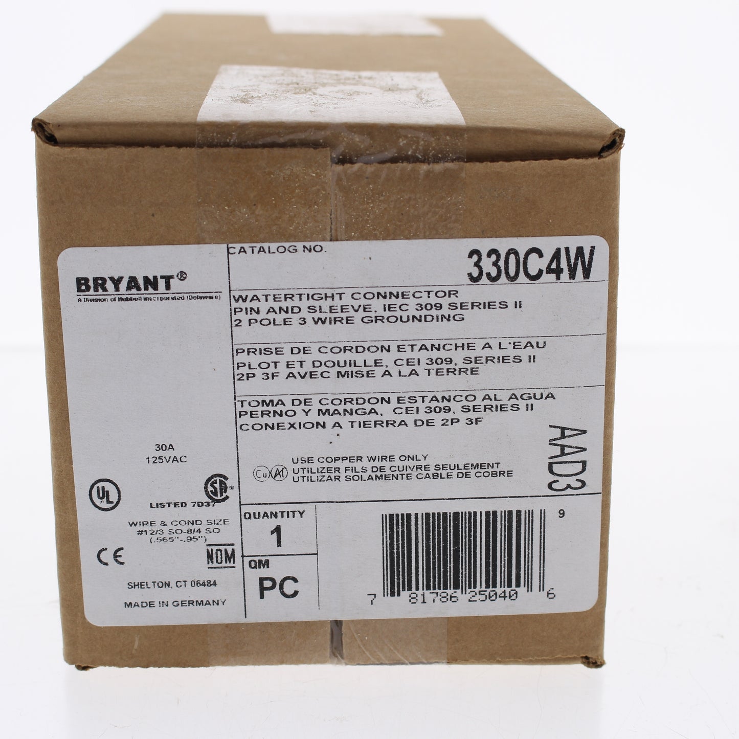 Hubbell 330C4W Watertight IEC Pin & Sleeve Connector Female Plug 30A 125V 2P3W